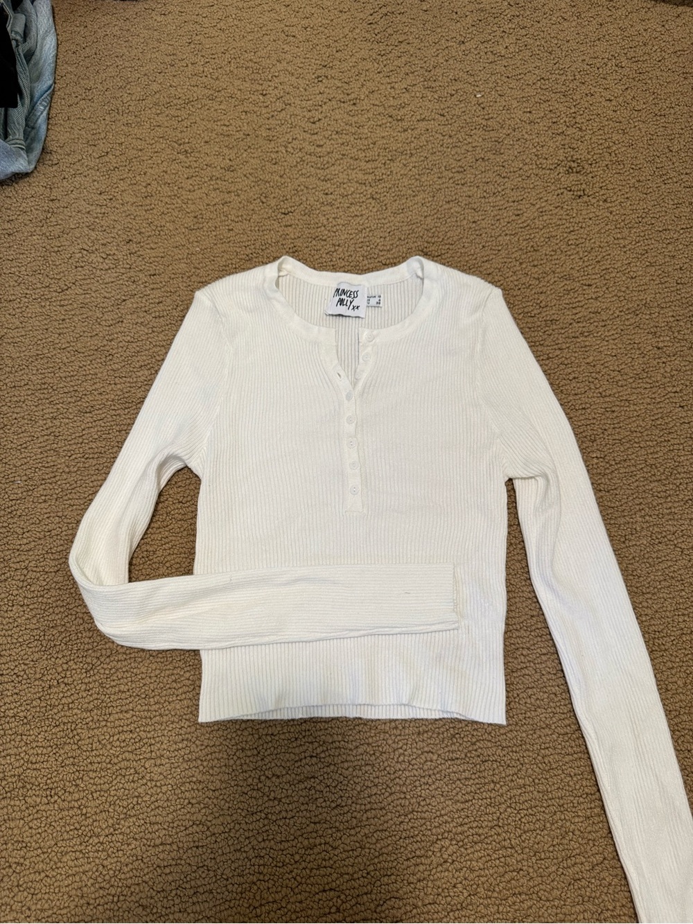Princess Polly Cream Ribbed Henley Long Sleeve Top
